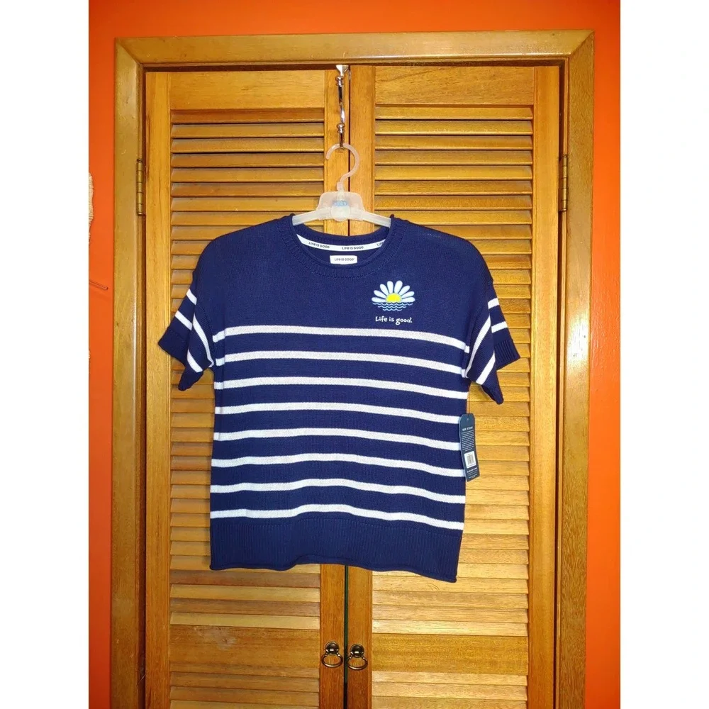 Life is Good Knit Sweater Lounge Set Navy Blue NEW Womens Medium Striped‎ Daisy